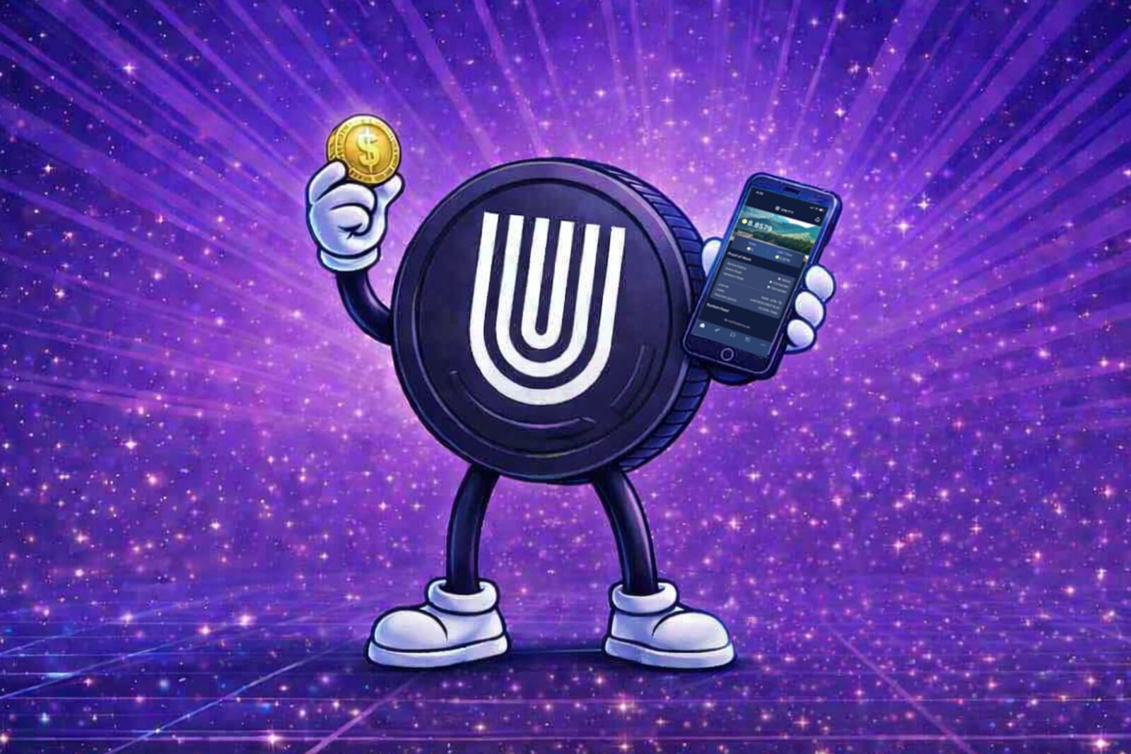 Personagem da Unetwork segurando um telefone e uma moeda de recompensa